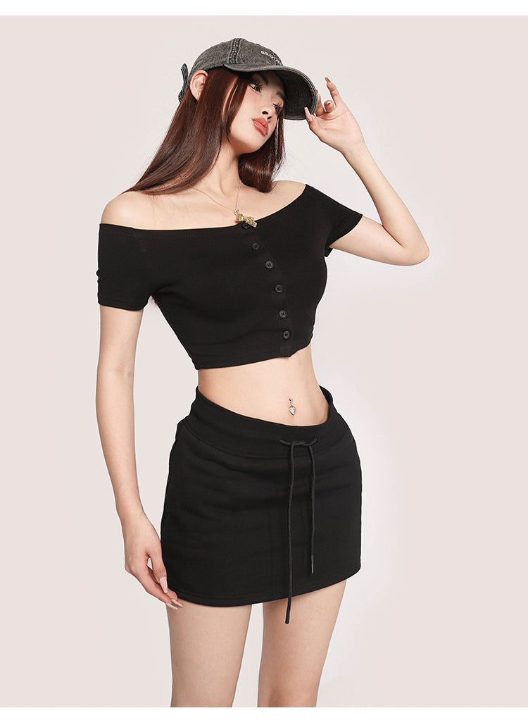 Antmvs Carla Solid Color Off-the-Shoulder Button Up Slim Cropped Top