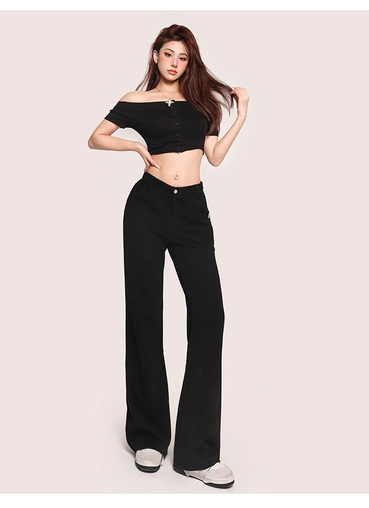 Antmvs Carla Solid Color Off-the-Shoulder Button Up Slim Cropped Top