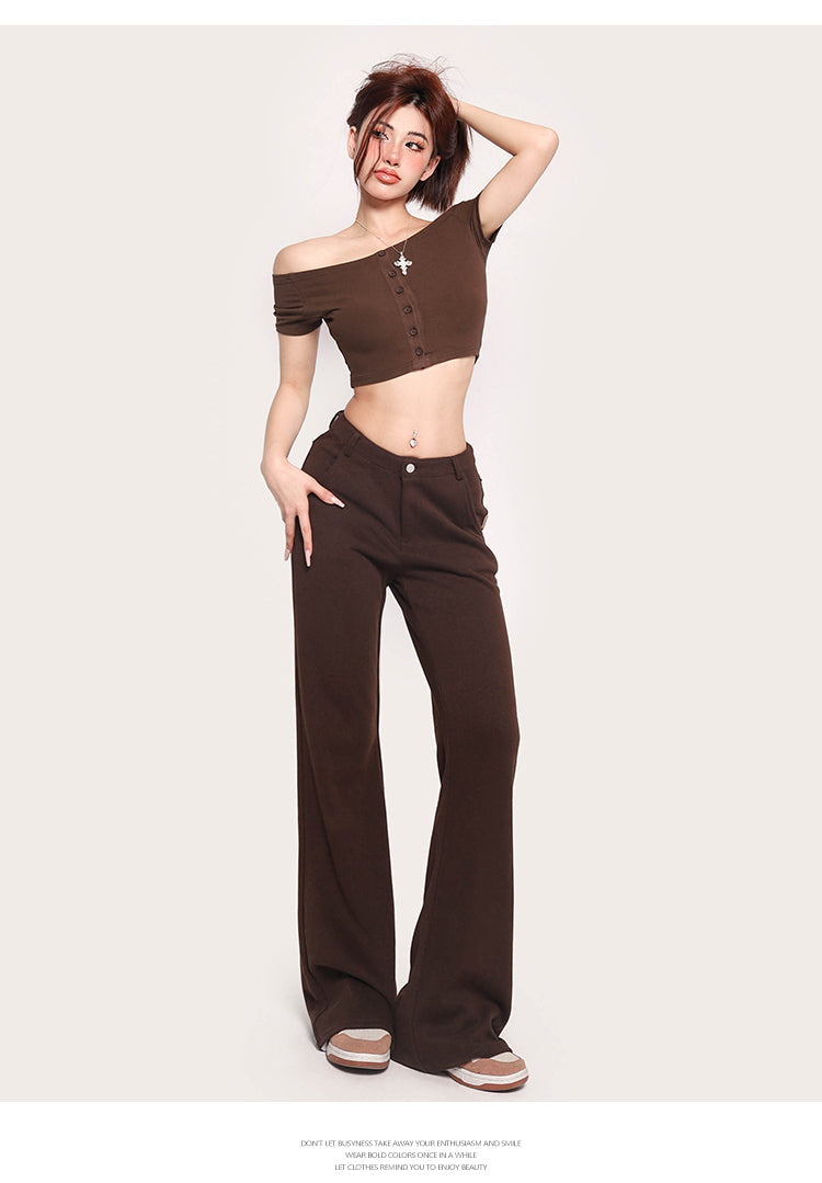 Antmvs Carla Solid Color Off-the-Shoulder Button Up Slim Cropped Top