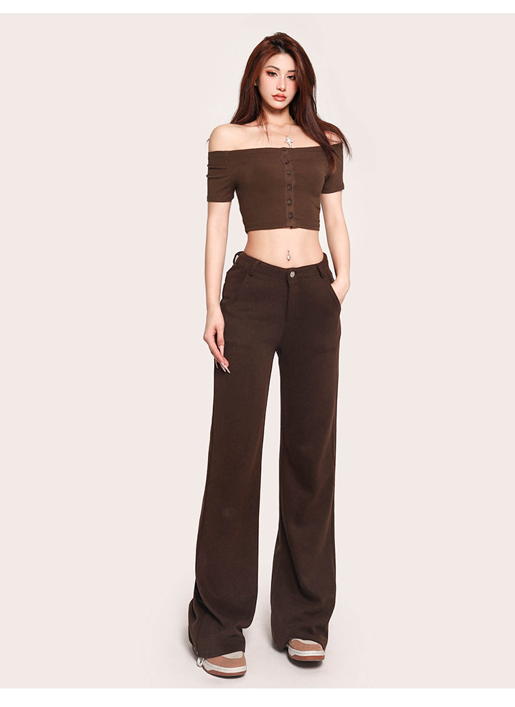 Antmvs Carla Solid Color Off-the-Shoulder Button Up Slim Cropped Top