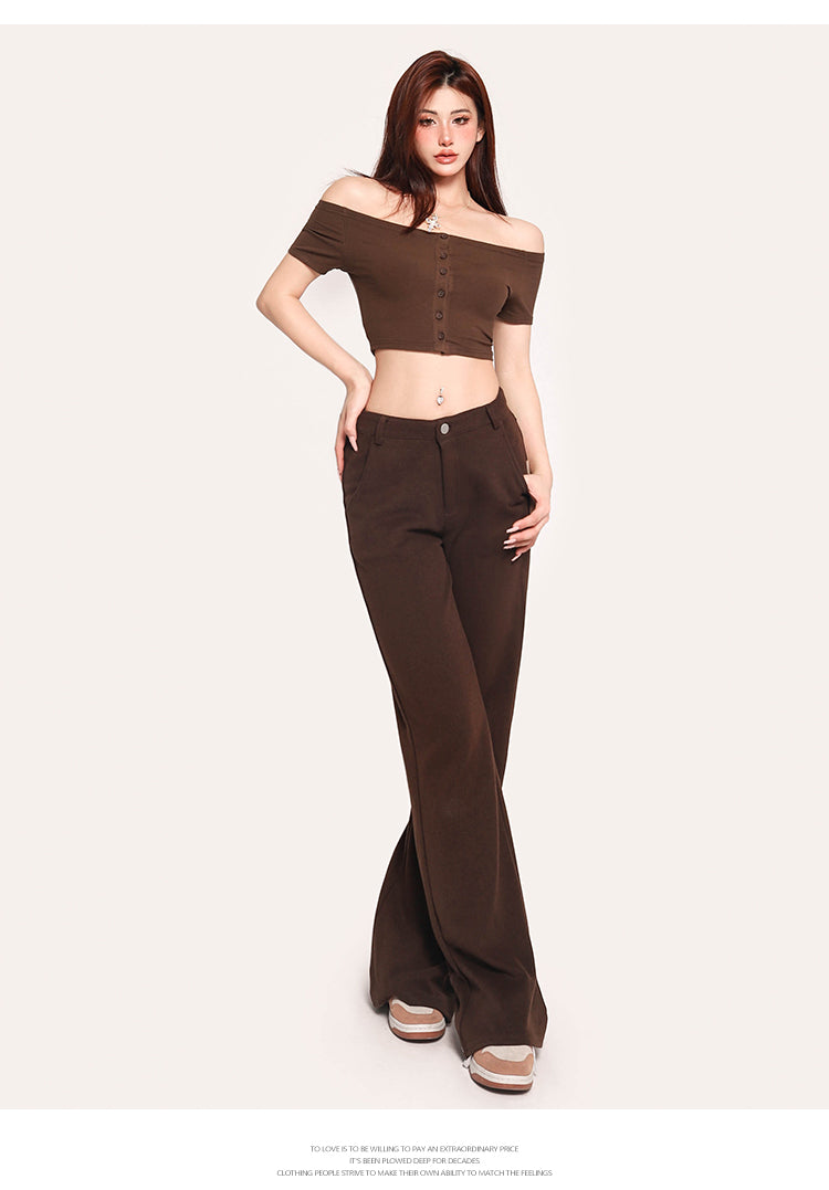 Antmvs Carla Solid Color Off-the-Shoulder Button Up Slim Cropped Top