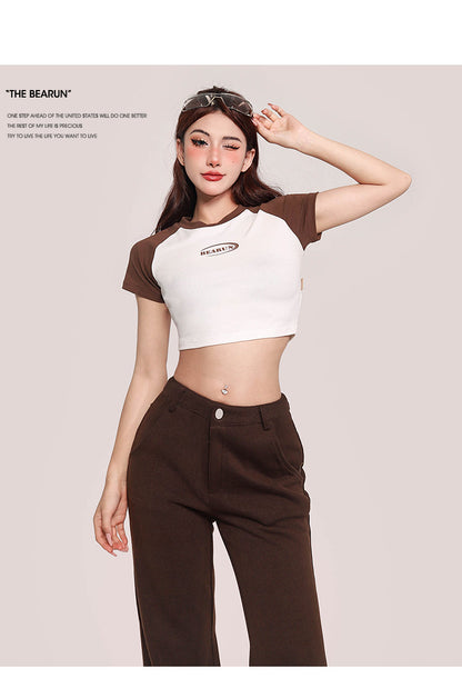 Antmvs Juin Patchwork Contrast Color Short Sleeve Slim Cropped Top