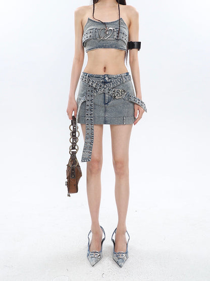 Antmvs Chrome Denim Heart Belt Bandeau Top + Denim Belt Wrap Mini Skirt + Denim Micro Flare Jeans Pants Matching Set