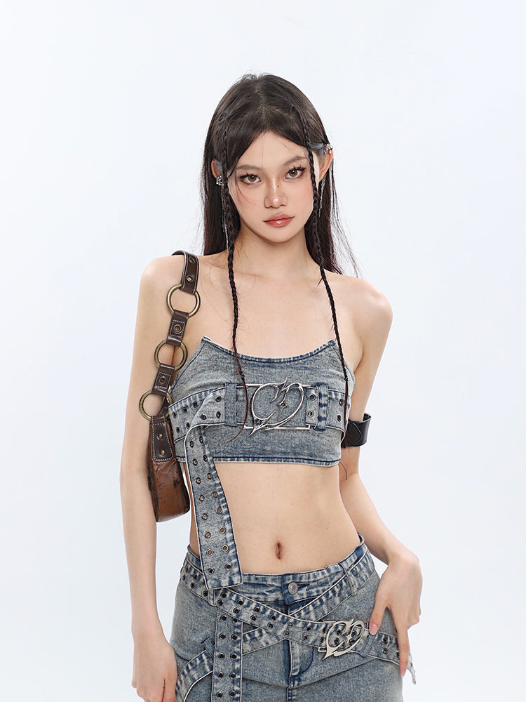 Antmvs Chrome Denim Heart Belt Bandeau Top + Denim Belt Wrap Mini Skirt + Denim Micro Flare Jeans Pants Matching Set