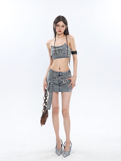 Antmvs Chrome Denim Heart Belt Bandeau Top + Denim Belt Wrap Mini Skirt + Denim Micro Flare Jeans Pants Matching Set