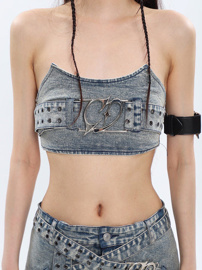 Antmvs Chrome Denim Heart Belt Bandeau Top + Denim Belt Wrap Mini Skirt + Denim Micro Flare Jeans Pants Matching Set