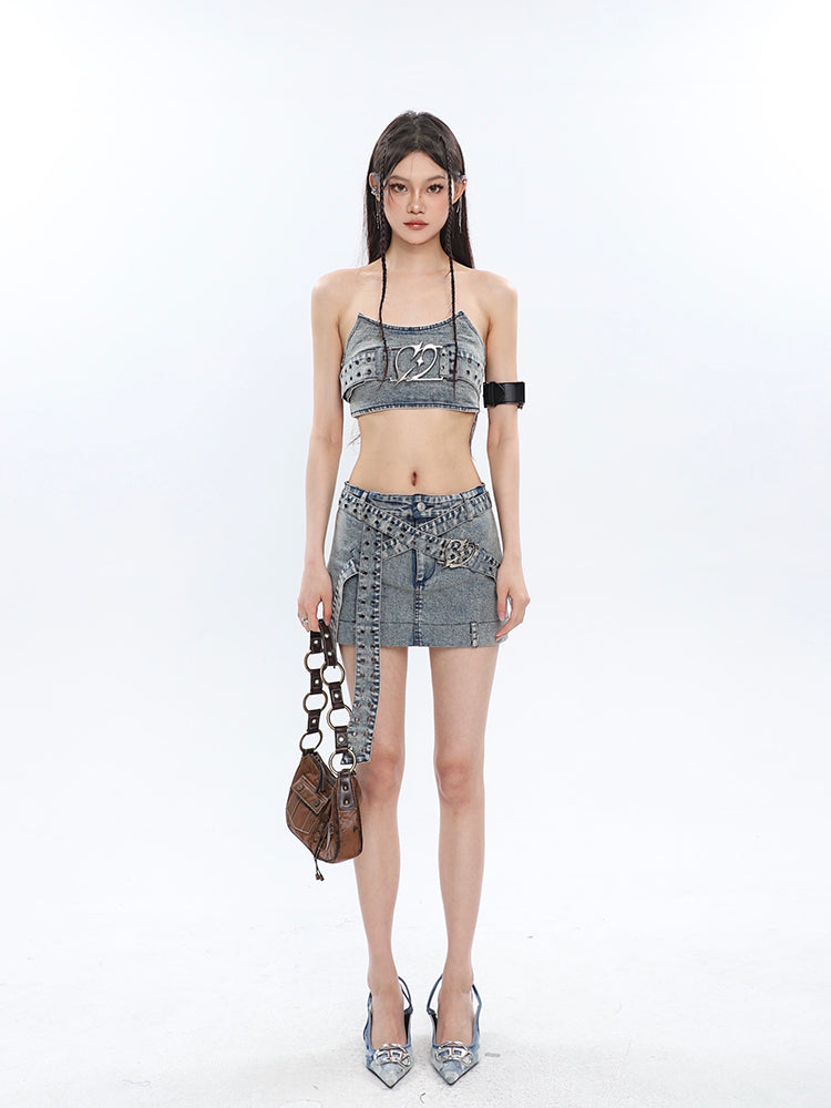 Antmvs Chrome Denim Heart Belt Bandeau Top + Denim Belt Wrap Mini Skirt + Denim Micro Flare Jeans Pants Matching Set