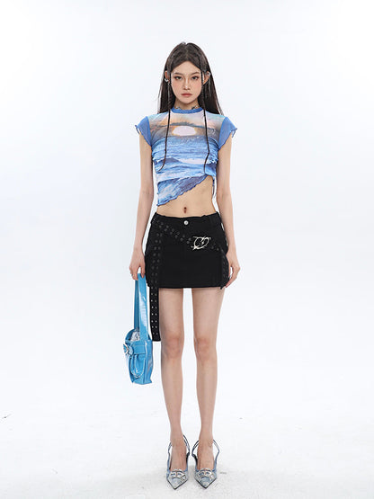 Antmvs Chrome Denim Heart Belt Bandeau Top + Denim Belt Wrap Mini Skirt + Denim Micro Flare Jeans Pants Matching Set