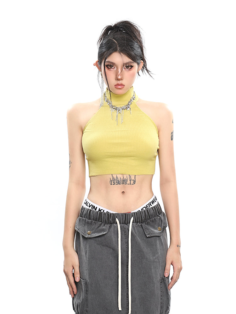 Antmvs Joline Solid Color Halter Knit Slim Sleeveless Cropped Top