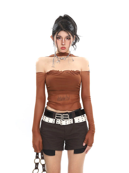 Antmvs Quinzzy Solid Color Stretch Mesh Pleated Off-the-Shoulder Halter Cropped Top