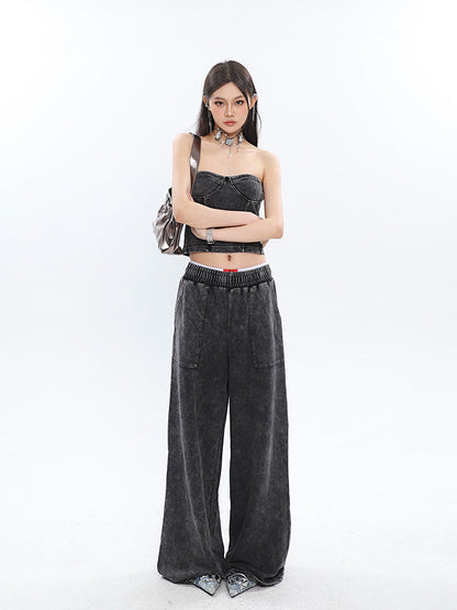 Antmvs Mina Vintage Grey Denim Bandeau Top + Straight Wide Leg Jeans Pants Matching Set