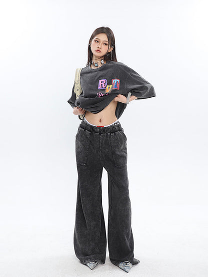 Antmvs Mina Vintage Grey Denim Bandeau Top + Straight Wide Leg Jeans Pants Matching Set