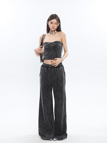 Antmvs Mina Vintage Grey Denim Bandeau Top + Straight Wide Leg Jeans Pants Matching Set