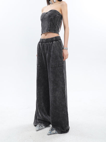 Antmvs Mina Vintage Grey Denim Bandeau Top + Straight Wide Leg Jeans Pants Matching Set