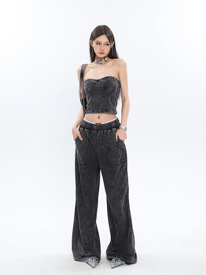 Antmvs Mina Vintage Grey Denim Bandeau Top + Straight Wide Leg Jeans Pants Matching Set