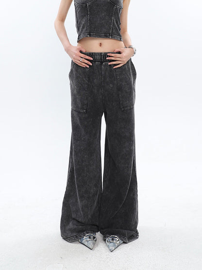 Antmvs Mina Vintage Grey Denim Bandeau Top + Straight Wide Leg Jeans Pants Matching Set