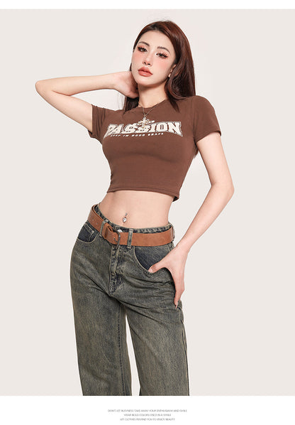 Antmvs PASSION Graphic Letter Print Solid Color Short Sleeve Cropped Top