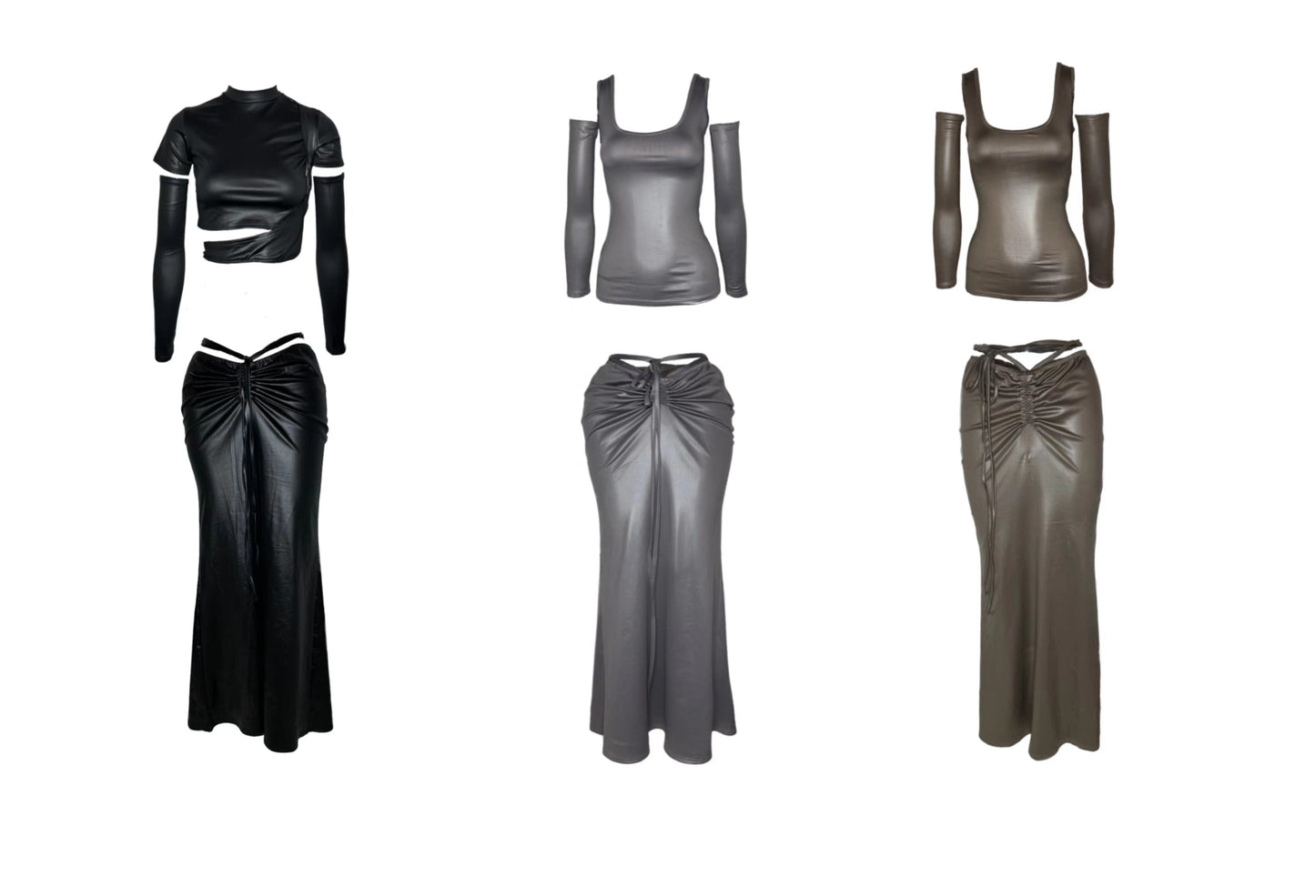 Antmvs SYNEZ Solid Color Metallic Slim Cropped Top + Drawstring Tie Up Fishtail Long Skirt Matching Set