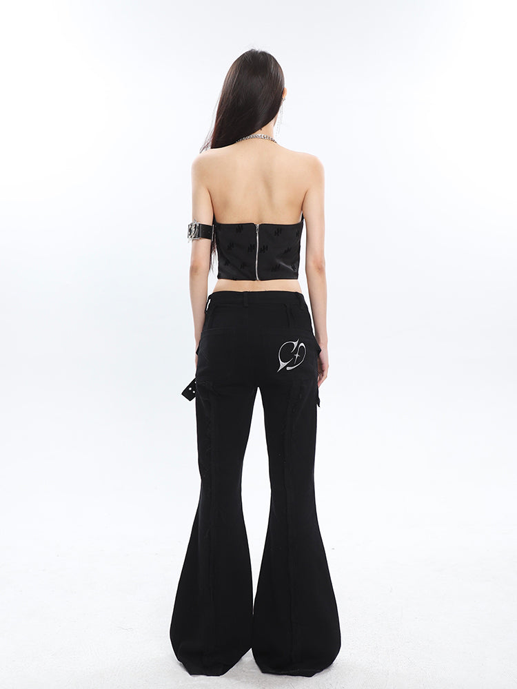 Antmvs Raven Solid Color Black Chain Halter Strap Cropped Top