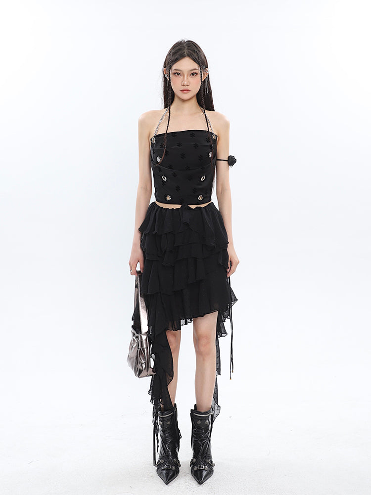 Antmvs Raven Solid Color Black Chain Halter Strap Cropped Top