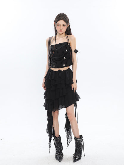 Antmvs Raven Solid Color Black Chain Halter Strap Cropped Top