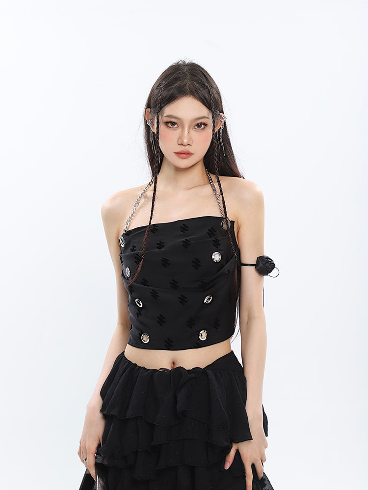 Antmvs Raven Solid Color Black Chain Halter Strap Cropped Top