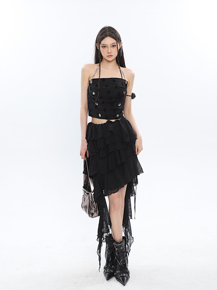 Antmvs Raven Solid Color Black Chain Halter Strap Cropped Top