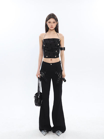 Antmvs Raven Solid Color Black Chain Halter Strap Cropped Top