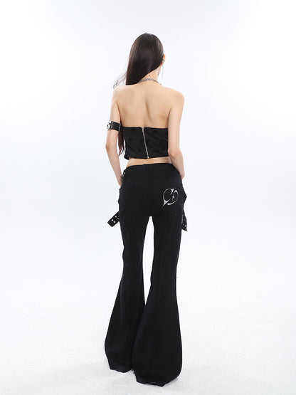 Antmvs Raven Solid Color Black Chain Halter Strap Cropped Top