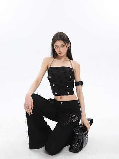 Antmvs Raven Solid Color Black Chain Halter Strap Cropped Top