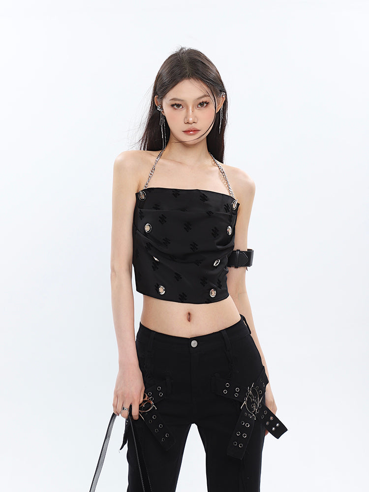 Antmvs Raven Solid Color Black Chain Halter Strap Cropped Top