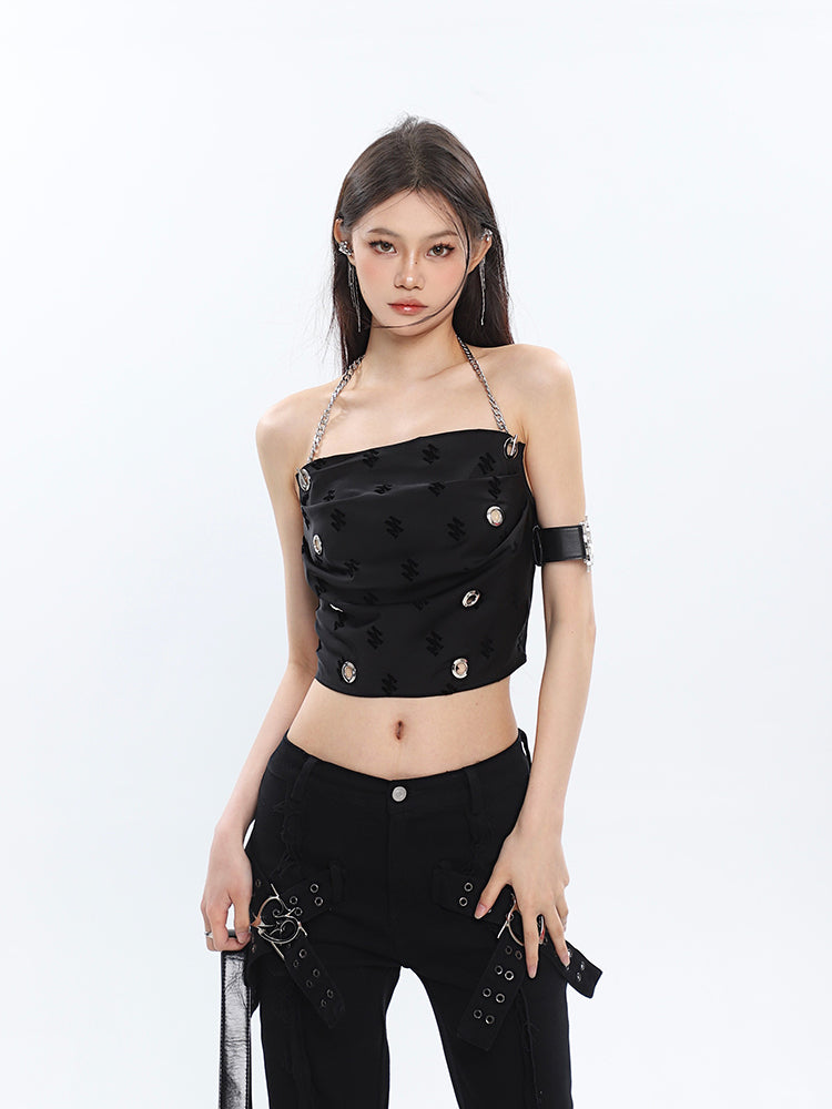 Antmvs Raven Solid Color Black Chain Halter Strap Cropped Top