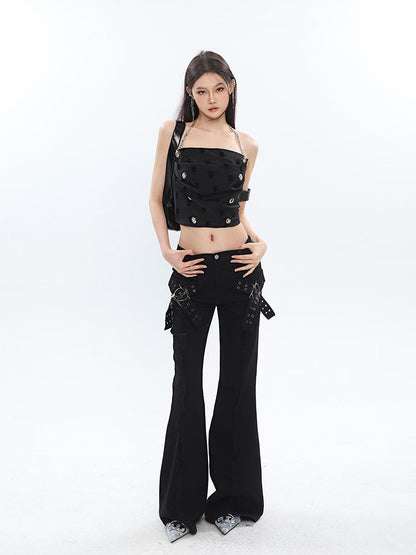 Antmvs Raven Solid Color Black Chain Halter Strap Cropped Top