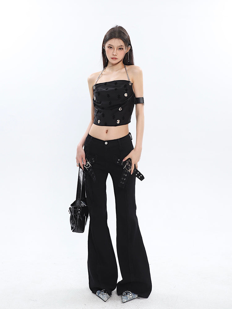 Antmvs Raven Solid Color Black Chain Halter Strap Cropped Top