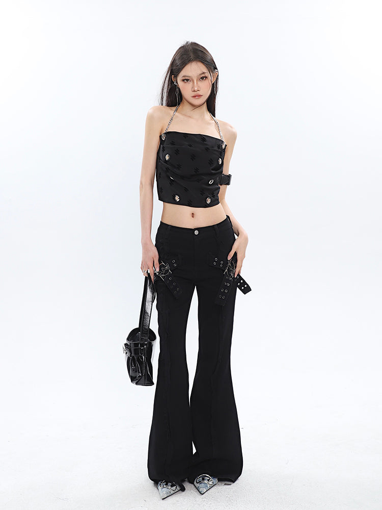 Antmvs Raven Solid Color Black Chain Halter Strap Cropped Top