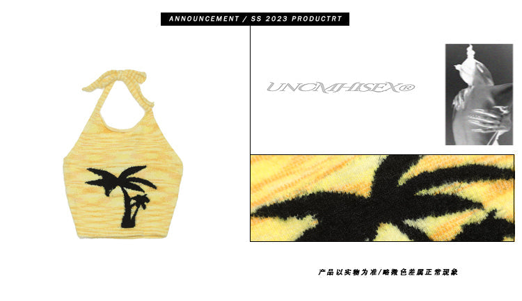 Antmvs Palm Tree Black Knitted Yellow Halter Slim Sleeveless Top