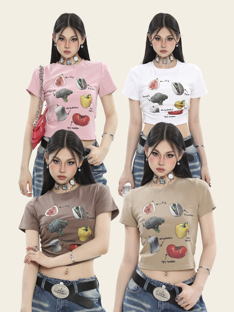 Antmvs Fruits & Veggies Love Graphic Image Print Solid Color Short Sleeve Cropped Top