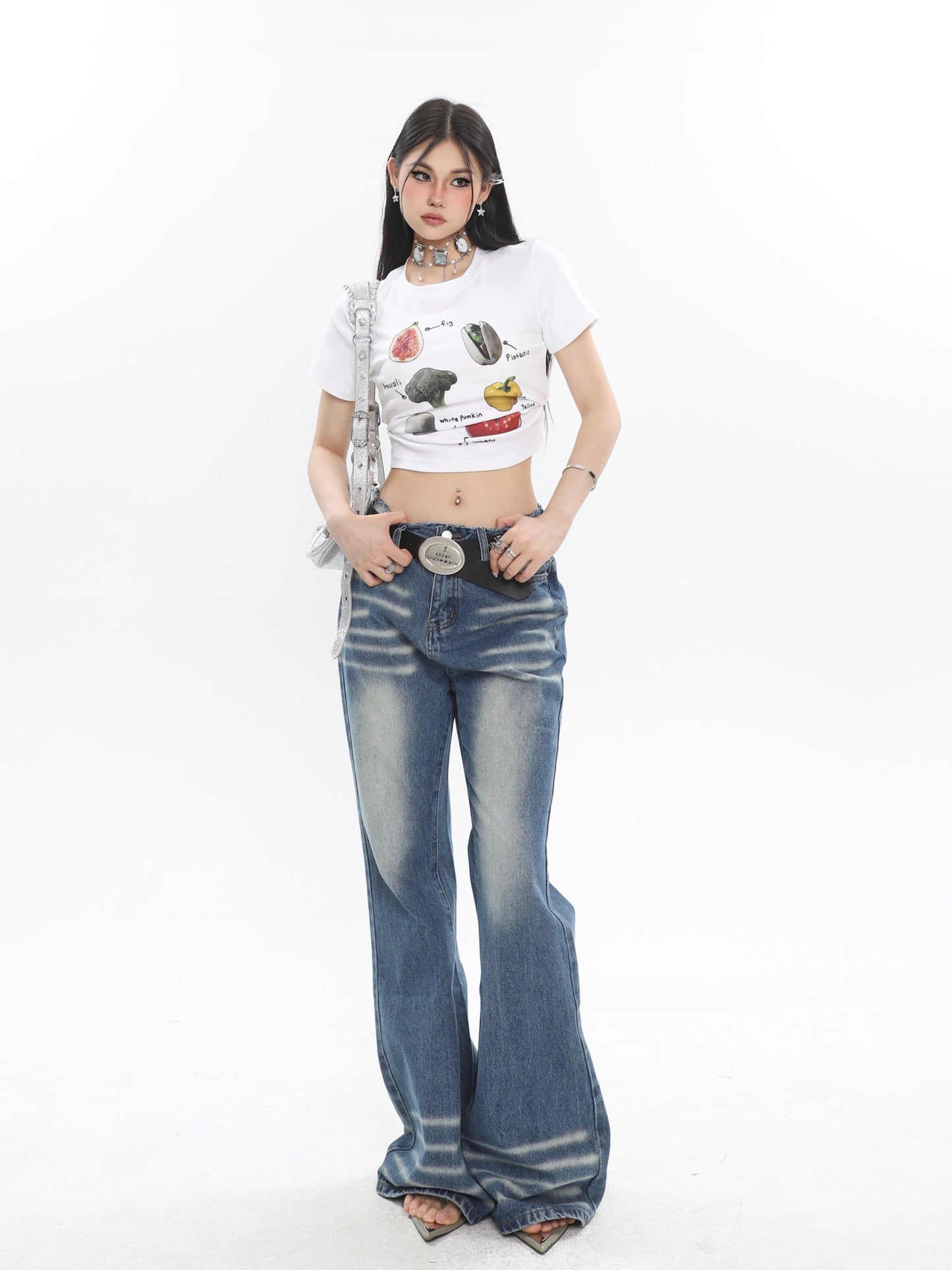 Antmvs Fruits & Veggies Love Graphic Image Print Solid Color Short Sleeve Cropped Top