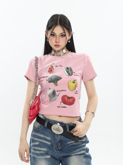 Antmvs Fruits & Veggies Love Graphic Image Print Solid Color Short Sleeve Cropped Top