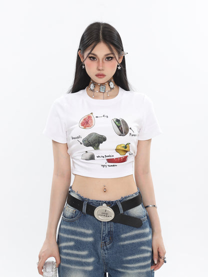 Antmvs Fruits & Veggies Love Graphic Image Print Solid Color Short Sleeve Cropped Top