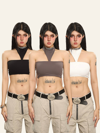 Antmvs Tiara Solid Color Chest Pads Double Vest Halter Suspender Sleeveless Tube Slim Cropped Top