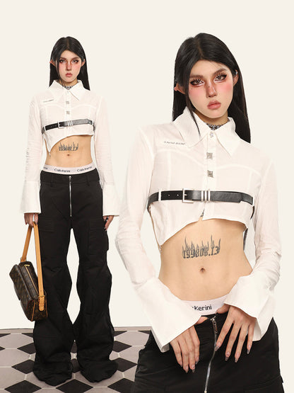 Antmvs Nora Solid Color White Irregular Asymmetrical Cut Out Black Belt Waist Cropped Shirt Top