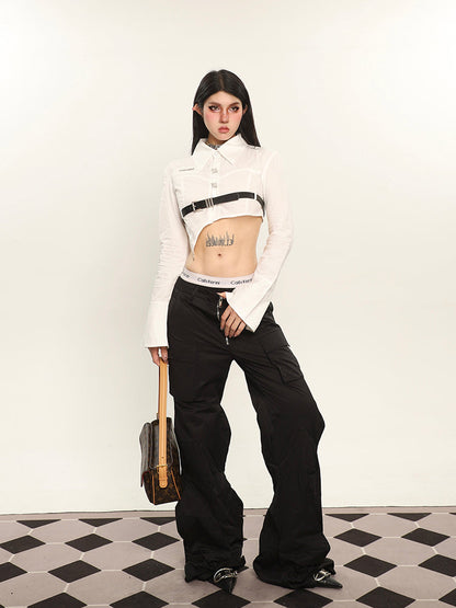 Antmvs Nora Solid Color White Irregular Asymmetrical Cut Out Black Belt Waist Cropped Shirt Top