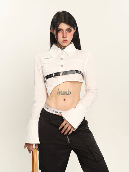 Antmvs Nora Solid Color White Irregular Asymmetrical Cut Out Black Belt Waist Cropped Shirt Top