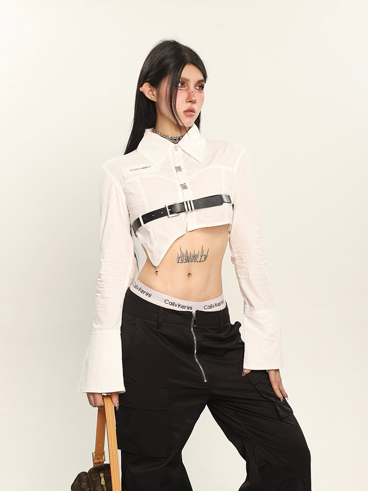 Antmvs Nora Solid Color White Irregular Asymmetrical Cut Out Black Belt Waist Cropped Shirt Top