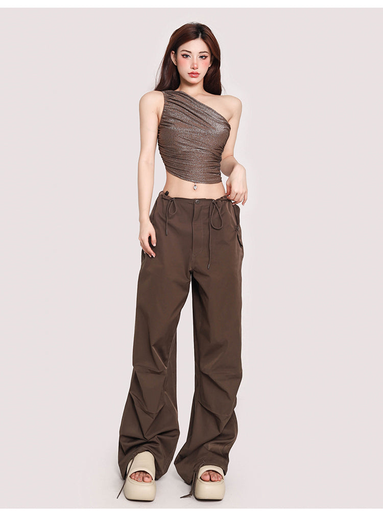 Antmvs Olivia Solid Color Shimmer One Shoulder Pleated Slim Wrapped Cropped Top