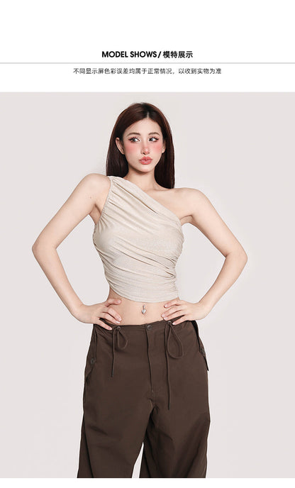 Antmvs Olivia Solid Color Shimmer One Shoulder Pleated Slim Wrapped Cropped Top