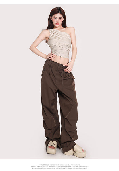 Antmvs Olivia Solid Color Shimmer One Shoulder Pleated Slim Wrapped Cropped Top