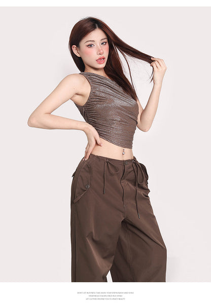 Antmvs Olivia Solid Color Shimmer One Shoulder Pleated Slim Wrapped Cropped Top