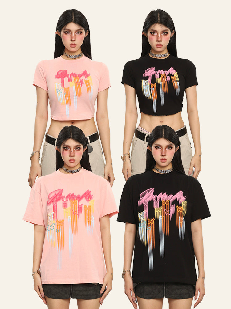 Antmvs Neon Butterfly Graphic Image Print Short Sleeve Cropped Top & Tee